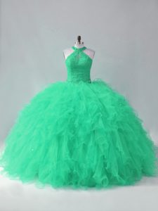 Turquoise Ball Gowns Beading and Ruffles Vestidos de Quinceanera Lace Up Tulle Sleeveless