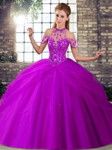 Purple Halter Top Lace Up Beading and Pick Ups Quinceanera Gowns Brush Train Sleeveless