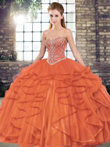 Fantastic Rust Red Lace Up 15th Birthday Dress Beading and Ruffles Sleeveless Floor Length