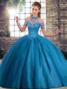 Blue Lace Up Halter Top Beading Quinceanera Dress Tulle Sleeveless Brush Train
