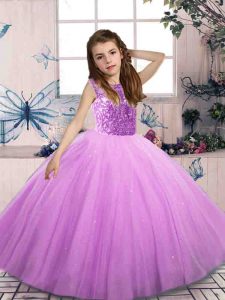 Nice Lilac Bateau Lace Up Beading Little Girl Pageant Dress Sleeveless