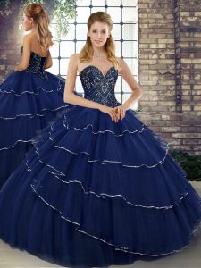 Excellent Navy Blue Sleeveless Brush Train Beading and Ruffled Layers Quince Ball Gowns