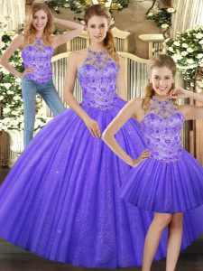 Sleeveless Tulle Floor Length Lace Up Quinceanera Dress in Lavender with Beading