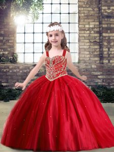 Red Ball Gowns Tulle Straps Sleeveless Beading Floor Length Lace Up Pageant Gowns For Girls