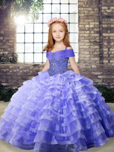 Beading and Ruffled Layers Kids Pageant Dress Lavender Lace Up Sleeveless Brush Train