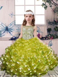 Luxurious Olive Green Little Girls Pageant Gowns Party and Military Ball and Wedding Party with Beading and Ruffles Scoop Sleeveless Lace Up