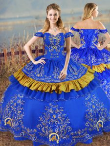 Floor Length Lace Up Sweet 16 Dress Blue for Sweet 16 and Quinceanera with Embroidery