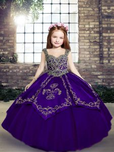 Purple Kids Formal Wear Party and Military Ball and Wedding Party with Embroidery Straps Sleeveless Lace Up