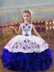Charming Royal Blue Organza Lace Up Little Girl Pageant Dress Sleeveless Floor Length Embroidery and Ruffles
