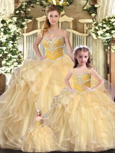 Low Price Sweetheart Sleeveless Quinceanera Dress Floor Length Beading and Ruffles Champagne Organza