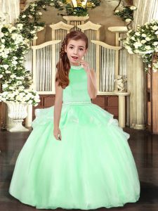 Floor Length Apple Green Little Girls Pageant Gowns Organza Sleeveless Beading