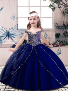 Blue Straps Lace Up Beading Pageant Dress Sleeveless