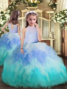 Glorious Multi-color Backless High-neck Beading and Ruffles Little Girl Pageant Gowns Tulle Sleeveless