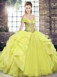 Floor Length Yellow 15th Birthday Dress Off The Shoulder Sleeveless Lace Up