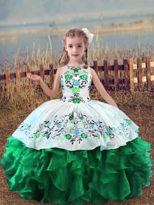 Custom Fit Green Lace Up Little Girl Pageant Dress Embroidery and Ruffles Sleeveless Floor Length