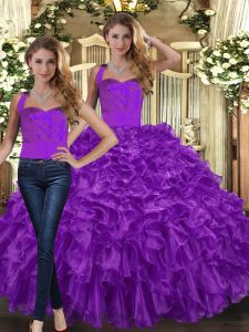 Affordable Sleeveless Organza Floor Length Lace Up Quinceanera Dresses in Purple with Ruffles