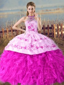 Latest Lace Up Sweet 16 Dresses Fuchsia for Sweet 16 and Quinceanera with Embroidery and Ruffles Court Train