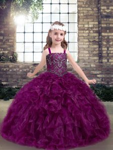 Charming Fuchsia Organza Lace Up Straps Sleeveless Floor Length Winning Pageant Gowns Beading and Ruffles