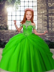 Superior Green Halter Top Lace Up Beading Pageant Gowns For Girls Sleeveless