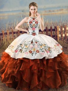 Modern Embroidery and Ruffles Quinceanera Gowns Rust Red Lace Up Sleeveless Floor Length