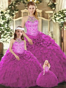 Eye-catching Floor Length Lace Up Ball Gown Prom Dress Fuchsia for Military Ball and Sweet 16 and Quinceanera with Beading and Ruffles