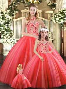 Admirable Tulle Halter Top Sleeveless Lace Up Embroidery Quinceanera Gown in Coral Red
