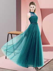 Empire Court Dresses for Sweet 16 Teal Halter Top Tulle Sleeveless Floor Length Lace Up