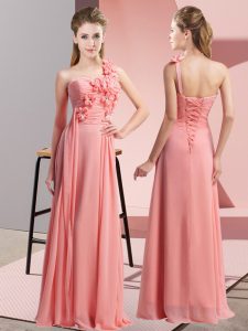 Watermelon Red Empire Chiffon One Shoulder Sleeveless Hand Made Flower Floor Length Lace Up Quinceanera Court of Honor Dress