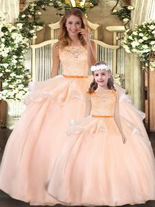 Peach Organza Zipper Quinceanera Dresses Sleeveless Floor Length Lace