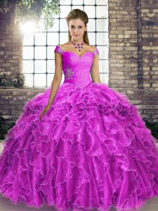Admirable Lilac Ball Gowns Organza Off The Shoulder Sleeveless Beading and Ruffles Lace Up Ball Gown Prom Dress Brush Train