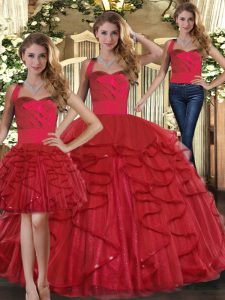 Floor Length Lace Up Sweet 16 Quinceanera Dress Red for Sweet 16 and Quinceanera with Ruffles
