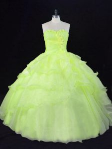 Elegant Yellow Green Lace Up Sweetheart Ruffles and Hand Made Flower Sweet 16 Dresses Organza Sleeveless