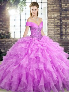 Affordable Lilac Ball Gown Prom Dress Off The Shoulder Sleeveless Brush Train Lace Up