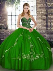Romantic Green Sweetheart Neckline Beading and Embroidery 15th Birthday Dress Sleeveless Lace Up