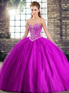 Edgy Purple Ball Gowns Sweetheart Sleeveless Tulle Brush Train Lace Up Beading Quinceanera Gown