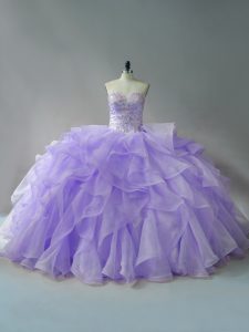 Sweetheart Sleeveless Organza Ball Gown Prom Dress Beading and Ruffles Brush Train Lace Up