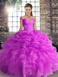 Unique Off The Shoulder Sleeveless Quince Ball Gowns Floor Length Beading and Ruffles and Pick Ups Lilac Organza