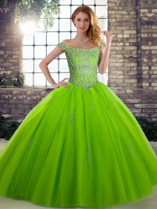 Tulle Lace Up Off The Shoulder Sleeveless Floor Length Ball Gown Prom Dress Beading