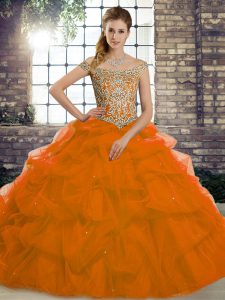 Pretty Rust Red Off The Shoulder Lace Up Beading and Pick Ups Quinceanera Dresses Brush Train Sleeveless