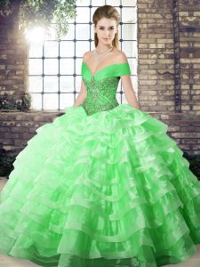Artistic Green Off The Shoulder Lace Up Beading and Ruffled Layers Sweet 16 Dress Brush Train Sleeveless