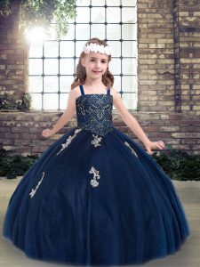 Navy Blue Lace Up Little Girl Pageant Dress Appliques Sleeveless Floor Length