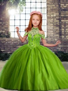 Tulle Off The Shoulder Sleeveless Lace Up Beading Pageant Dress in Olive Green
