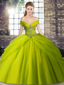 Stunning Tulle Off The Shoulder Sleeveless Brush Train Lace Up Beading and Pick Ups Sweet 16 Dress in Olive Green