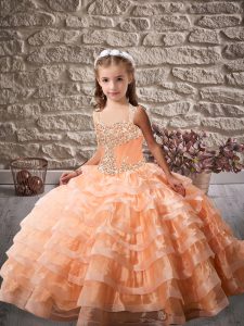 Beauteous Orange Sleeveless Organza Brush Train Lace Up Little Girl Pageant Gowns for Party and Sweet 16 and Wedding Party
