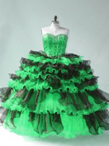 Attractive Green Ball Gowns Organza Sweetheart Sleeveless Beading and Ruffled Layers Floor Length Lace Up Quinceanera Dress
