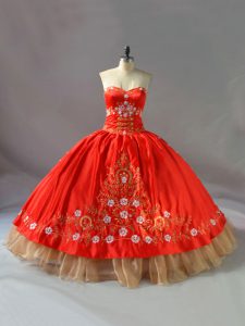Simple Sweetheart Sleeveless Vestidos de Quinceanera Floor Length Embroidery Red Organza