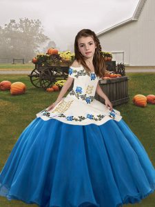 Discount Ball Gowns Girls Pageant Dresses Blue Straps Organza Sleeveless Floor Length Lace Up