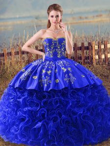 Super Royal Blue Sweetheart Neckline Embroidery and Ruffles Sweet 16 Dress Sleeveless Lace Up