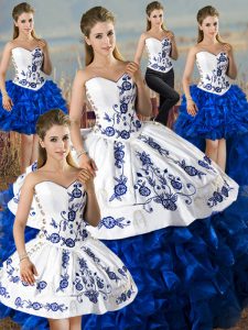 Dazzling Blue And White Ball Gowns Organza Sweetheart Sleeveless Embroidery and Ruffles Floor Length Lace Up Quinceanera Gowns