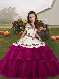 Fuchsia Ball Gowns Tulle Straps Sleeveless Embroidery and Ruffled Layers Floor Length Lace Up Pageant Dresses